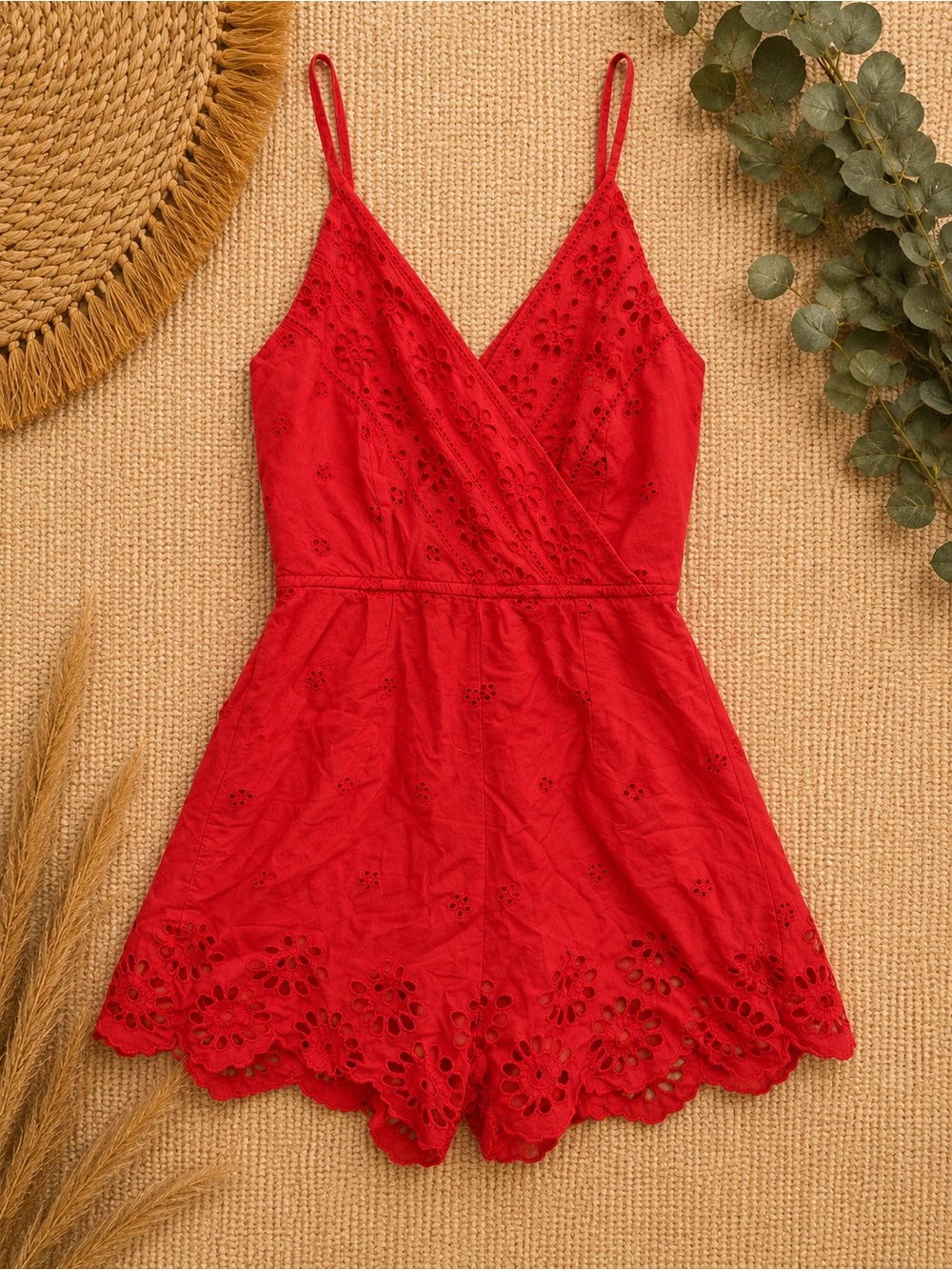 Red Eyelet Wrap Romper with Scalloped Hem